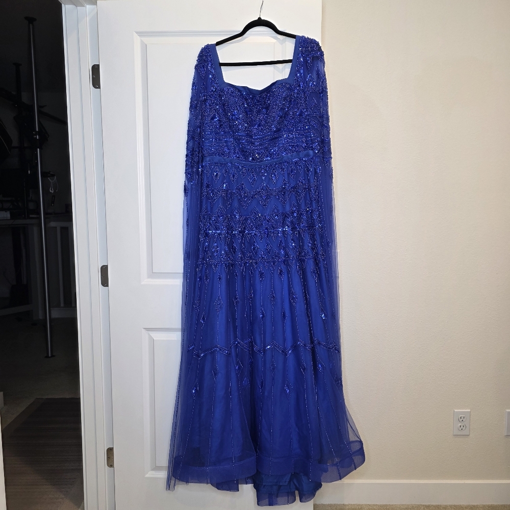 Serene Hill Beaded Elegant Blue Cape Sleeve Evening Gown - Size US 12 Large - Picture 5 of 17